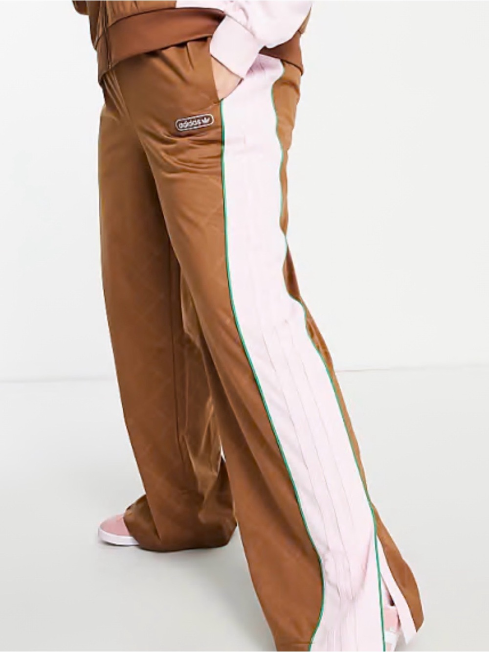 adidas Brown Track Pants with Pink Side Panels and Green Piping - Picture 2 of 3